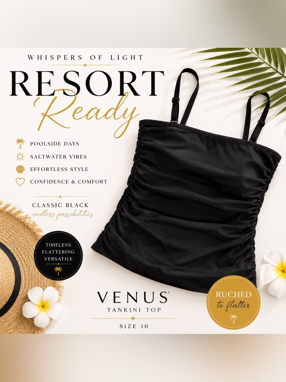 VENUS Black Ruched Tankini Swim Top | Size 10 NWOT